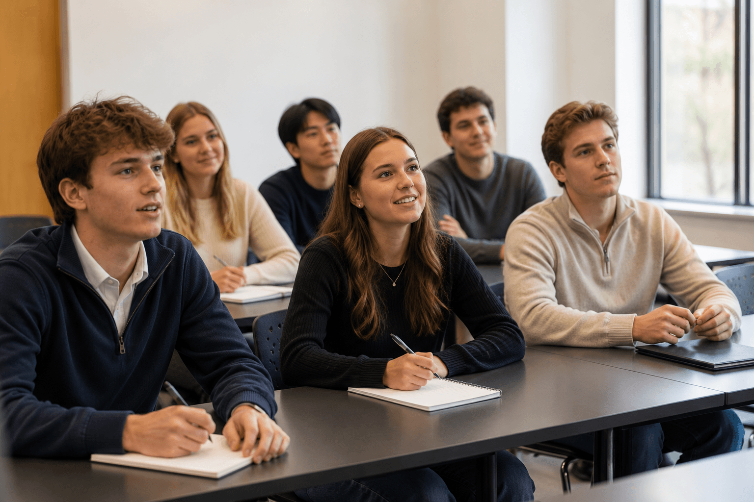 A student taking notes during a public speaking session